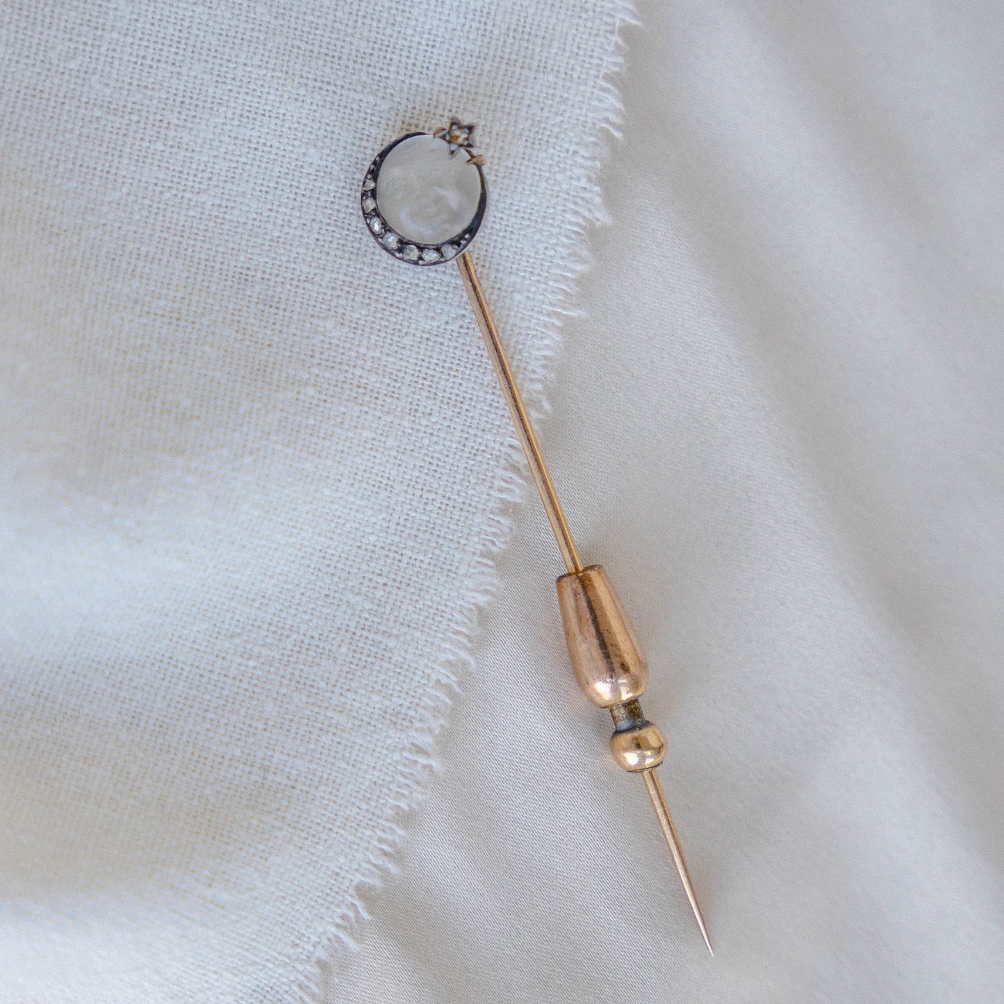 Charming Man-in-the-Moon Stick Pin with Rose Cut Diamond Crescent in 14k