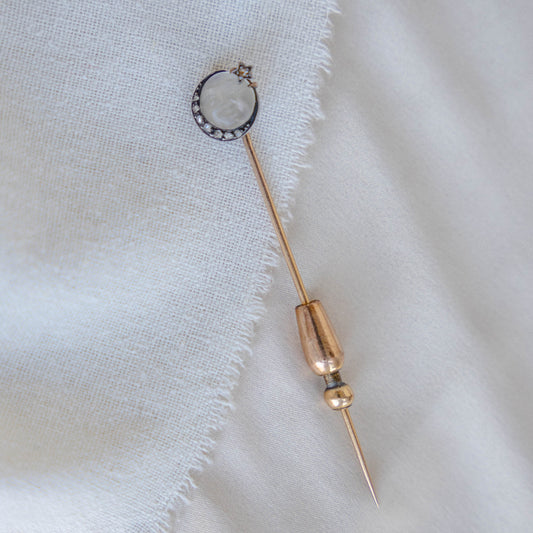 Charming Man-in-the-Moon Stick Pin with Rose Cut Diamond Crescent in 14k