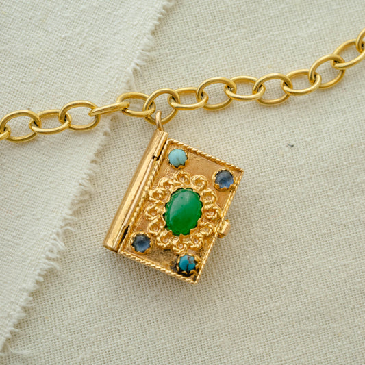 Articulated 14k Book Locket Charm with Chrysoprase, Chalcedony, Sapphire and Turquoise