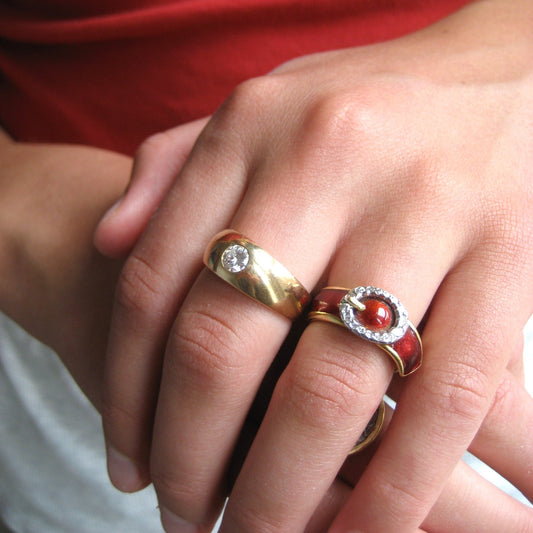 Vintage Kutchinsky 18k Red Enamel Belt Buckle Ring with Diamonds