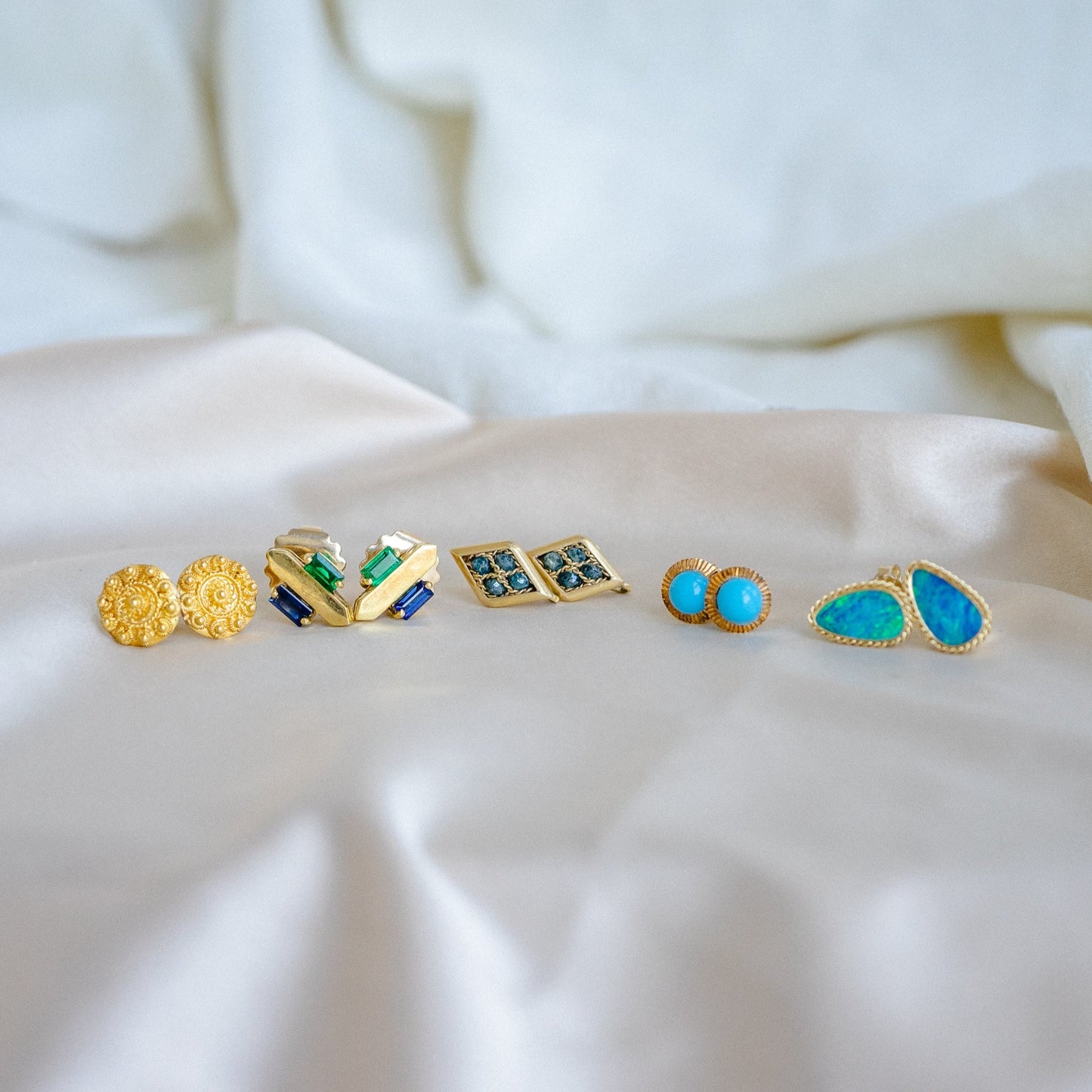 “Arrows” 18k Emerald + Sapphire Baguette Stud Earrings