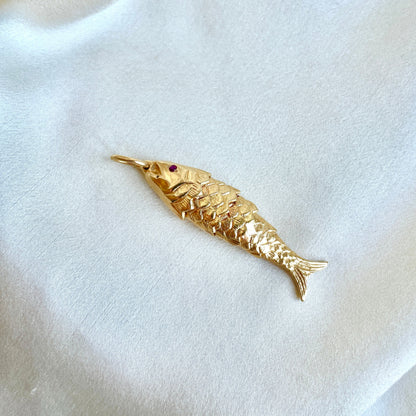 Vintage 14K Yellow Gold Articulated Fish Pendant with Ruby Eyes