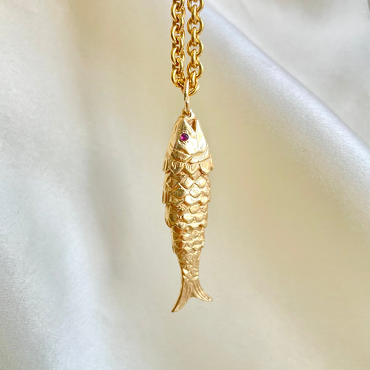 Vintage 14K Yellow Gold Articulated Fish Pendant with Ruby Eyes