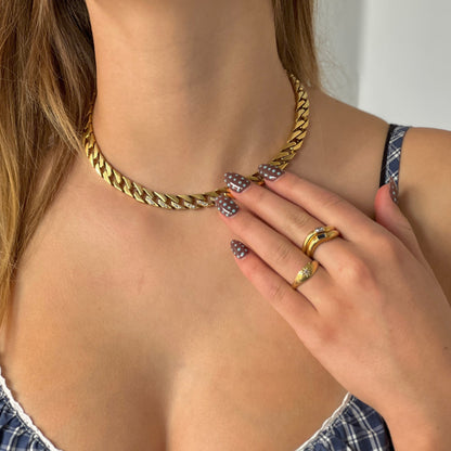 The Icon – 14K Gold Cuban Curb Choker Necklace with Diamond Accents | Solid Gold Statement Chain
