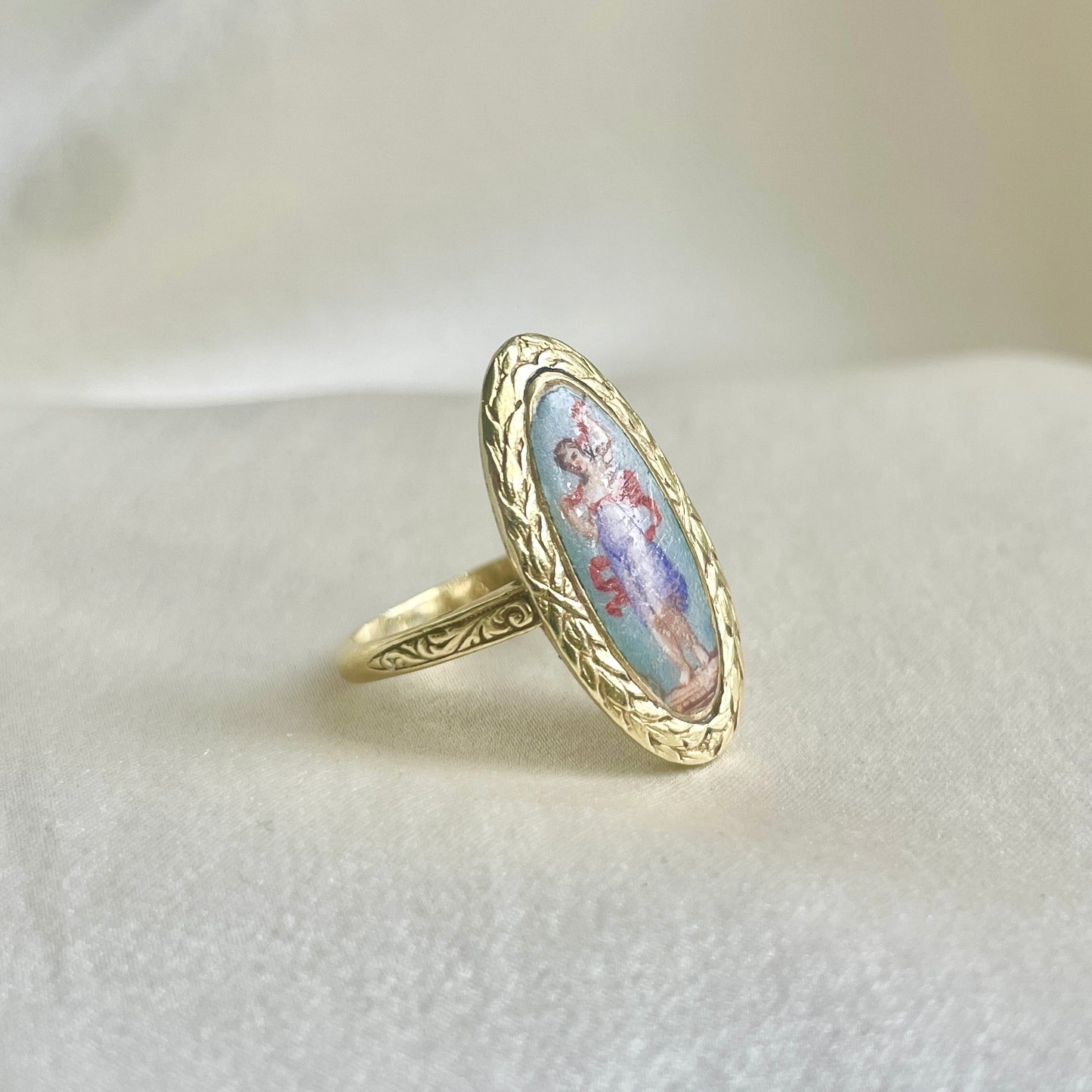 Antique 22K Gold Hand-Painted Porcelain Figure Ring, Napoleonic Era