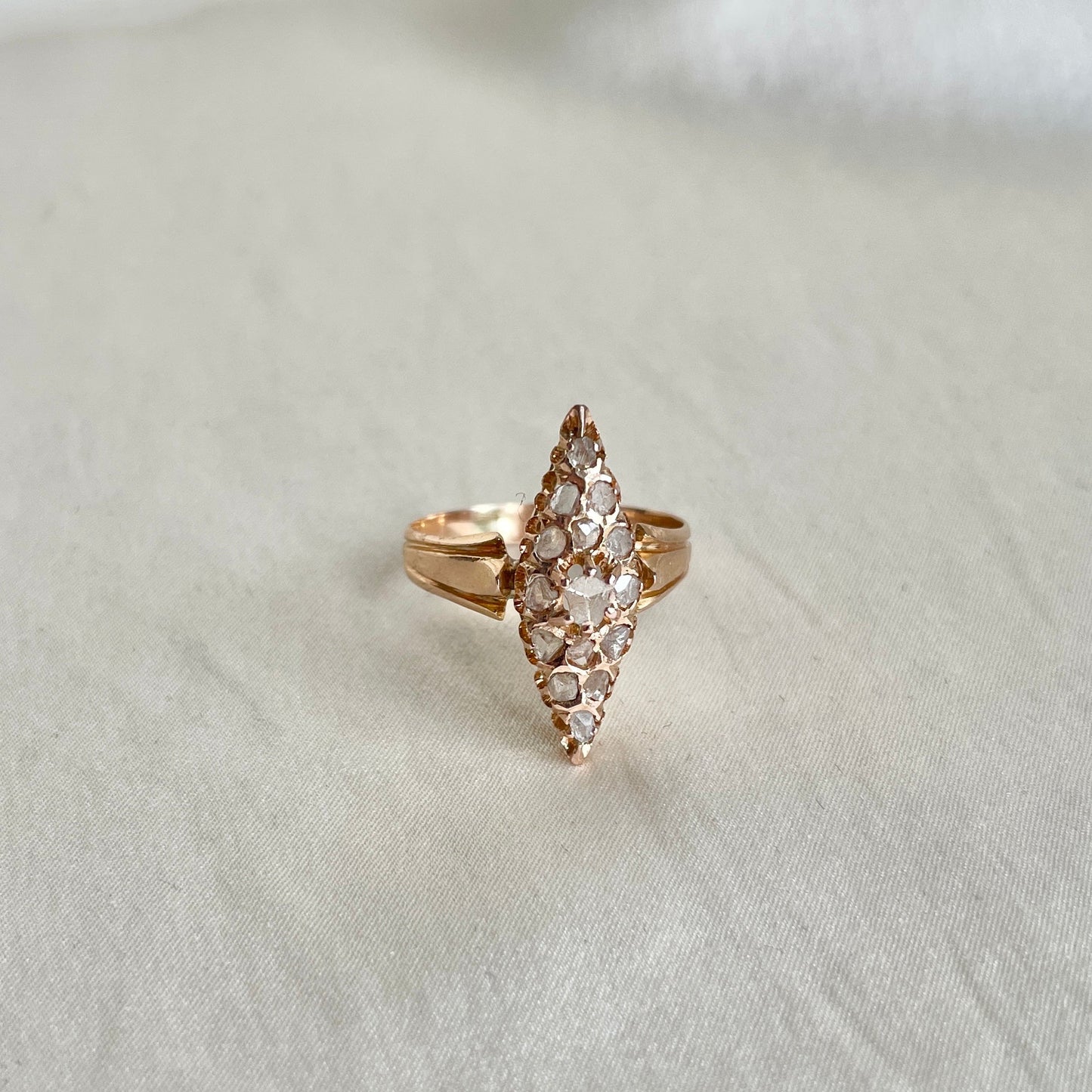 Antique Navette Shaped Rose Cut Diamond Cluster Ring | Victorian Era