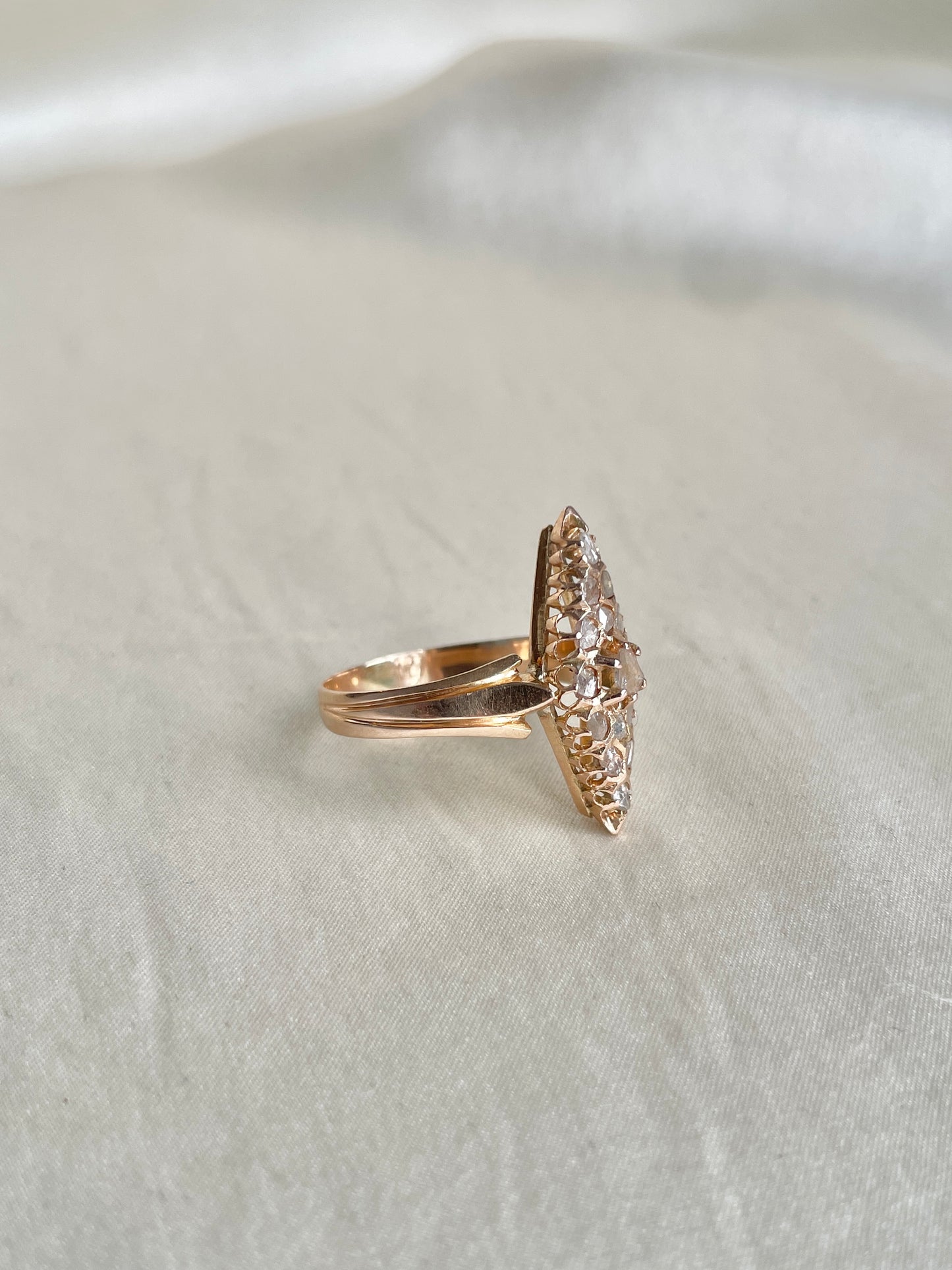 Antique Navette Shaped Rose Cut Diamond Cluster Ring | Victorian Era