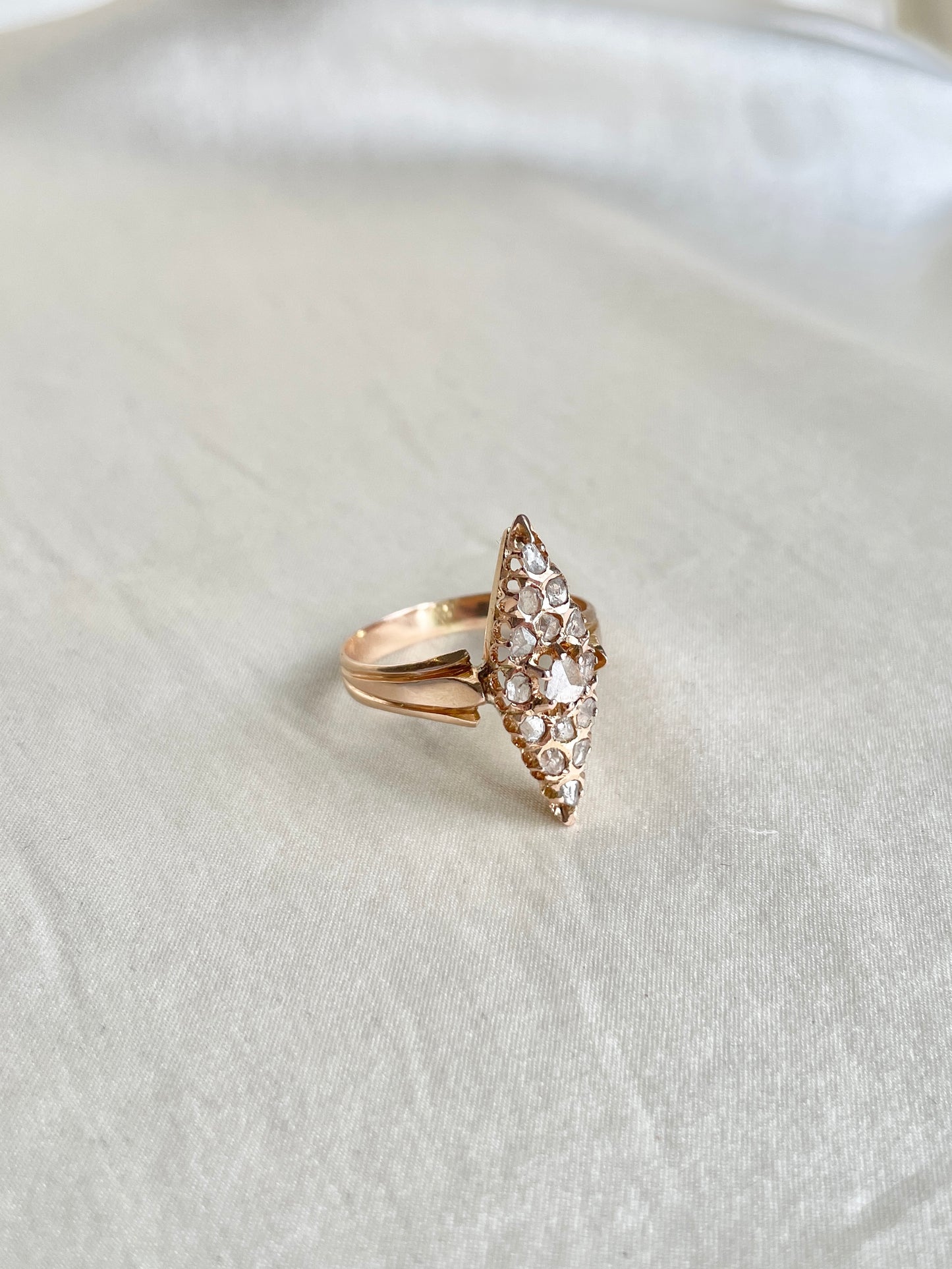 Antique Navette Shaped Rose Cut Diamond Cluster Ring | Victorian Era