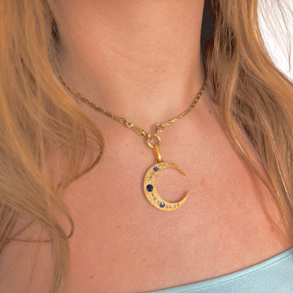French Vintage 18K Sapphire and Diamond Moon Pendant