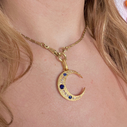 French Vintage 18K Sapphire and Diamond Moon Pendant