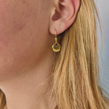 Watermelon Tourmaline Earrings with Diamonds in 24K Gold