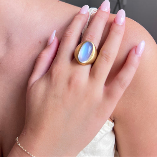 Dreamy Modernist  18K Oval Moonstone Ring with Textured Finish
