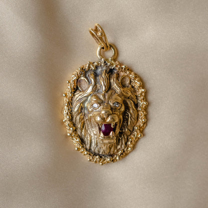 Lion/Leo Pendant in 14k with Diamond Eyes and Ruby Mouth