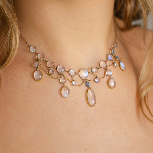 Edwardian 10k Moonstone + Sapphire Waterfall Necklace