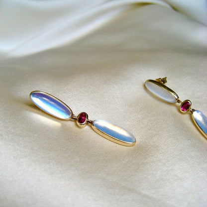 A pair of oval statement drop earrings with oval moonstones  and pink tourmalines