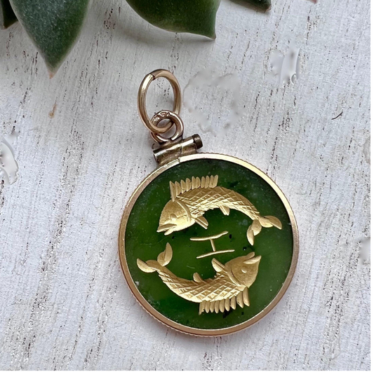 Vintage Nephrite Jade Pisces Zodiac Medallion in 14K Gold
