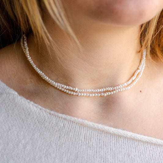 Double Strand Pearl Necklace with Handmade 14K S Clasp
