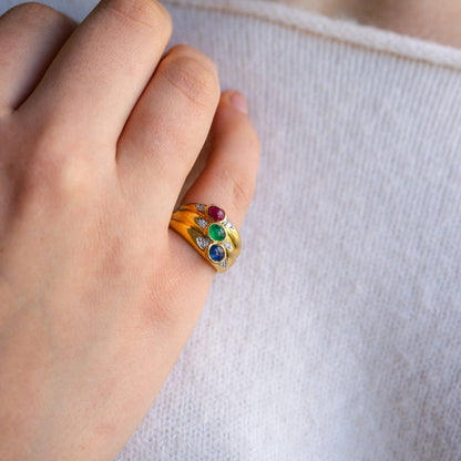 Stunning Bezel Set Sapphire Emerald Ruby 18k ring Finger size 6
