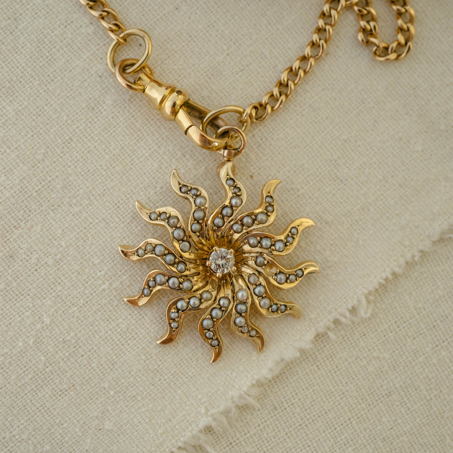 Elegant Victorian 10k Diamond Pearl Starburst Pendant