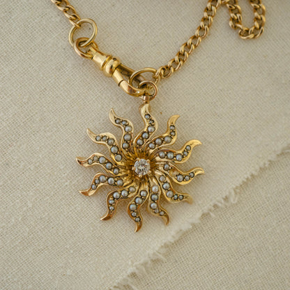 Elegant Victorian 10k Diamond Pearl Starburst Pendant