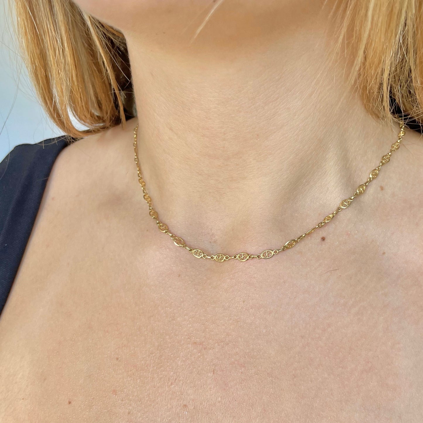 Vintage French 18K Gold Filigree Link Chain – 17"