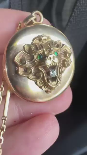 14k Edwardian Lion Locket with Old Mine Cut Diamond and Emerald Eyes