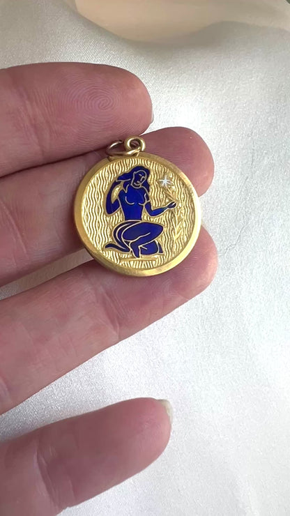 Heirloom Guilloche Enamel Virgo Zodiac Medallion Pendant in 18K Charm