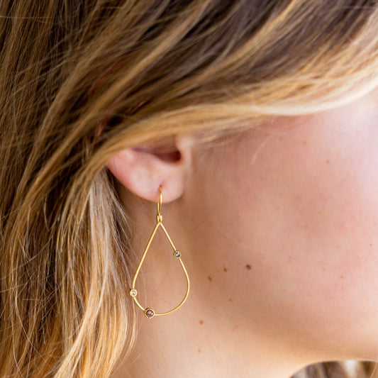 Designer Todd Reed graceful 18k yellow gold matte finished wire pear shape  drop earrings with 3 rose cut raw bezel  set diamonds 