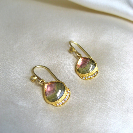 Watermelon Tourmaline Earrings with Diamonds in 24K Gold